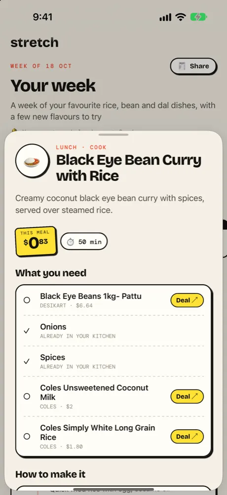 Recipe for black eye bean curry with rice at 83 cents a meal, listing ingredients and their deals