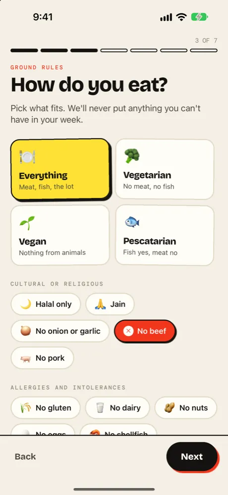 Setup screen asking how you eat, with vegetarian, vegan, halal, Jain and allergy options