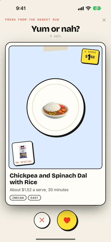 Swipe card for chickpea and spinach dal with rice at about $1.52 a serve