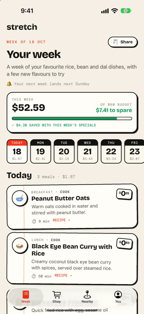 Stretch app showing a week of meals: $52.59 spent of a $60 budget